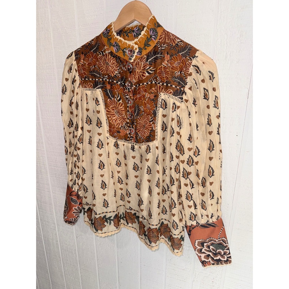 Farm Rio Ainika Floral Blouse Womens Beige Brown Embroidered Cotton M - Picture 2 of 8